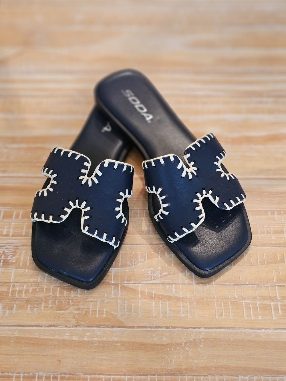 Soda Navy Slide Sandals with White Stitch Accents